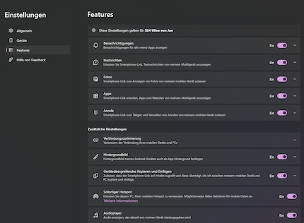 Die gemeinsame Zwischenablage muss ich unter «Features» in den Einstellungen von Smartphone-Link auf dem Rechner aktivieren.