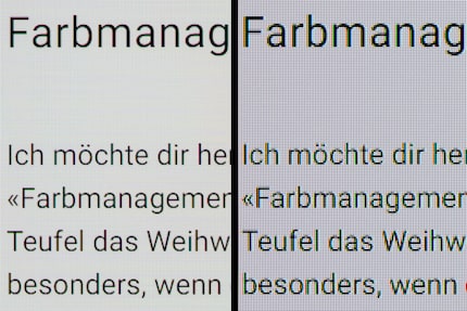 Eine vergrösserte Aufnahme von Text auf der Digitec-Webseite mit der Standardskalierung von Windows. Durch die Pixeldichte von 140ppi wirkt die Schrift auf dem AW3225QF (links) viel schärfer als bei einem OLED mit 110 ppi (rechts).