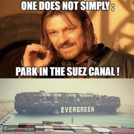 Boromir knows everything better. The lower shot shows the stuck Ever Given from the ship behind.