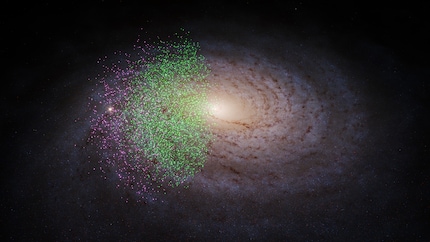 Die Sterne von Shakti und Shiva in unserer Galaxis | In den Daten des dritten Katalogs des Astrometriesatelliten Gaia fanden sich zwei Sternpopulationen, die von den Autoren als Shiva (grüne Punkte) und Shakti (violette Punkte) bezeichnet werden. Sie stammen aus zwei Galaxien, die vor mehr als zwölf Milliarden Jahren mit dem jungen Milchstrassensystem verschmolzen. Die Himmelsdurchmusterung von Gaia umfasst nur einen Teil unserer Galaxis, das Hintergrundbild ist eine Illustration.