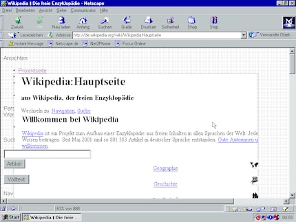 Screenshot der Wikipedia-Hauptseite in Netscape unter Windows 95.