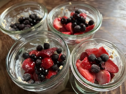 If the berries aren’t in season yet, throw in some frozen berries. They will thaw overnight in the fridge.