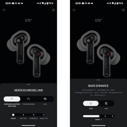 Active noise cancellation and bass amplification settings.