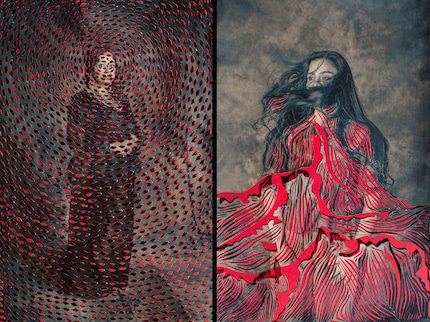 Sujata Setia prints out the portraits of the women, edits them and then places them on a red background.
