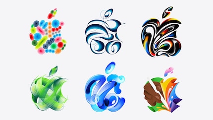 Sechs Apple-Logos in ganz unterschiedlichem Stil. Auffällig ist auch die unterschiedliche Dicke der Pinselstriche – sie könnte auf verschiedene Spitzen für den neuen Apple Pencil hinweisen.