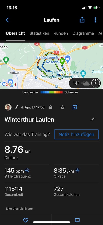 When I go uphill, the route turns blue, signifying a very slow pace.