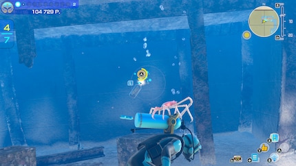 Immerhin: Je nach Level meines Tauchers kann ich einige Lebewesen dazu motivieren, mich zu begleiten – hier eine Krabbe auf meinem Sauerstofftank.