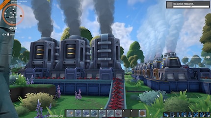 The power generators on the left supply the production line on the right with electricity.