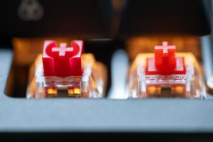Der Box-Stil-Switch (links) soll dank seinem Design weniger wackeln als andere MX-Stil-Switches (rechts).