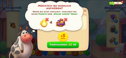 Wer kann dieser traurig schauenden Kuh schon widerstehen? So wirst du  zum Weiterspielen animiert, auch wenn du eigentlich aufhören möchtest.