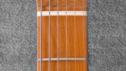 The nut is the upper, white rod. Under that, the first fret.