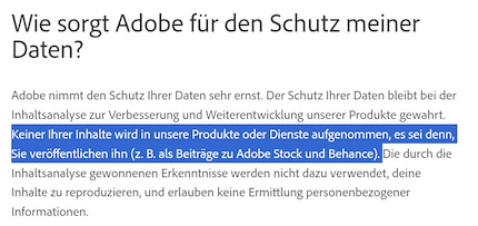 Adobe sagt, dass deine nicht veröffentlichten Inhalte nicht in ihre Produkte einfliessen.