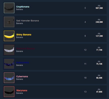 The most expensive Banana skins currently available on the Steam marketplace.