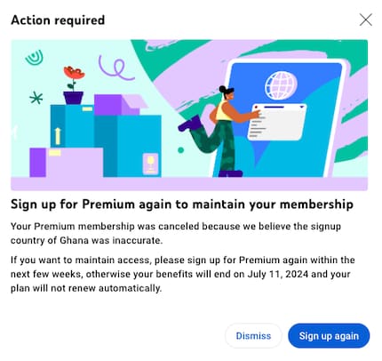 Youtube cancels your membership automatically if you have cancelled your plan in the wrong country.