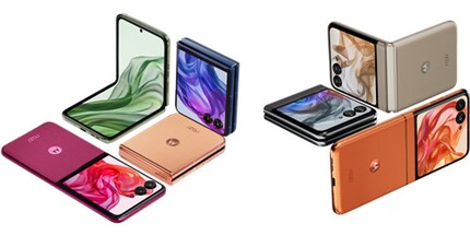 The Razr 50 Ultra (left) is available in Midnight Blue, Spring Green, Peach Fuzz and Hot Pink. With the Razr 50 (right), you can choose between Beach Sand, Koala Grey and Spritz Orange for the vegan faux leather.