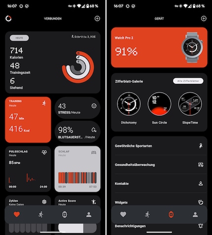The app's overview pages for health data and the connected smartwatch.