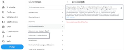 Unter «Grok» in den Datenschutzeinstellungen kannst du die Sammelei stoppen.