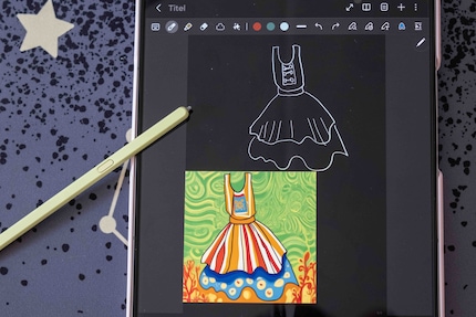 At the touch of a button, a drab sketch of a dress is transformed into a colourful version that could’ve come from Van Gogh’s brush.