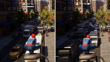 Spider-Man 2 sieht mit 60 FPS auf der PS5 (links) deutlich unschärfer aus als mit 60 FPS auf der PS5 Pro.