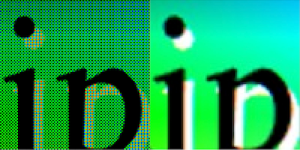Image detail before and after demosaicing.