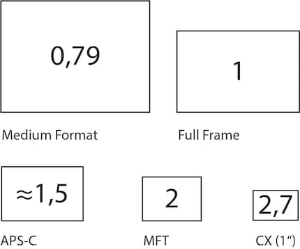 Sensor sizes and their crop factors: 35 mm, also known as full frame, is the reference size and has a crop factor of 1. APS-C varies slightly depending on the manufacturer. Canon, for instance, boasts slightly smaller sensors and a crop factor of roughly 1.6. MFT or M43 stands for micro four thirds and is used by Panasonic and OM Digital. The CX format is usually dubbed a 1-inch sensor, but it’s much smaller.