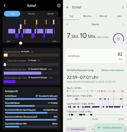 The sleep data from Colmi (left) and the Pixel smartwatch (right).