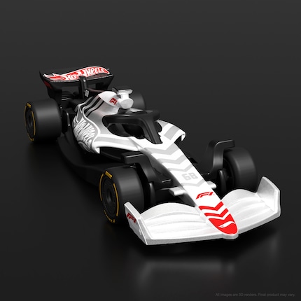 Der weiße F1-Wagen ist ein Sammlerstück mit einer speziellen Lackierung mit Hot-Wheels-Schriftzug.