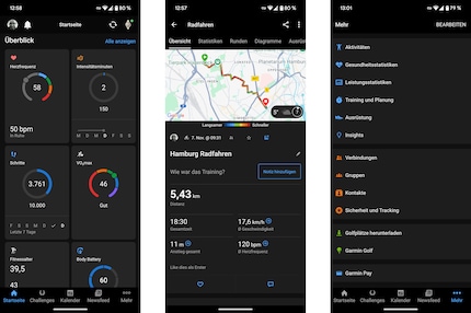 Die Garmin-App: Startseite für den Überblick, detailreiches Tracking und viele Einstellungen.