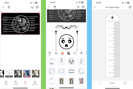 Die Bildbearbeitung bietet viele Funktionen, unter anderem verschiedene Filter (links). Sticker & Rahmen sind gratis in der App verfügbar (Mitte). Und auch das fünf Meter lange Lineal (rechts) kannst du dir ohne Abo drucken.