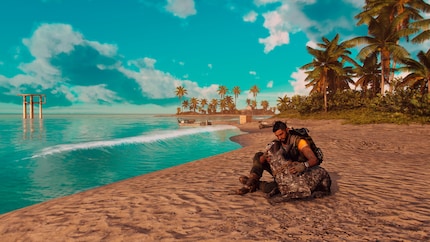 In Far Cry 6, I choose a beach and enjoy the sea with my dog Boom Boom.