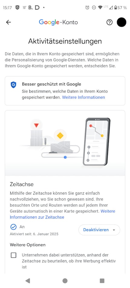 In die Zeitachse-Einstellungen kommst du über den blauen Punkt in Google Maps.