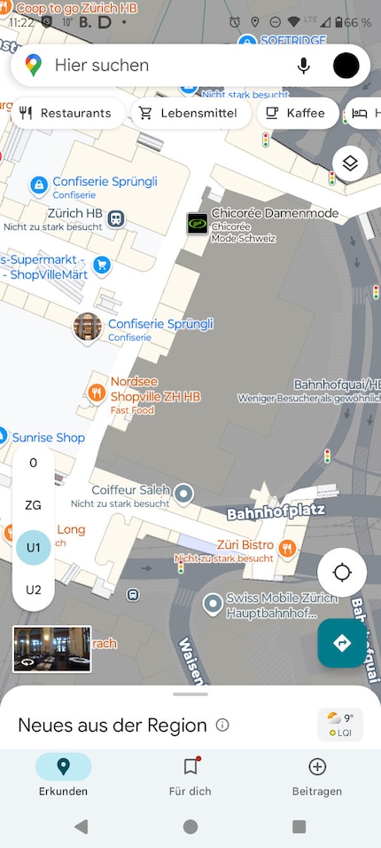 Mein Life-Saver in Zürich: Die Indoor-Karten am Hauptbahnhof. Auf der linken Seite wähle ich das anzuzeigende Stockwerk aus.