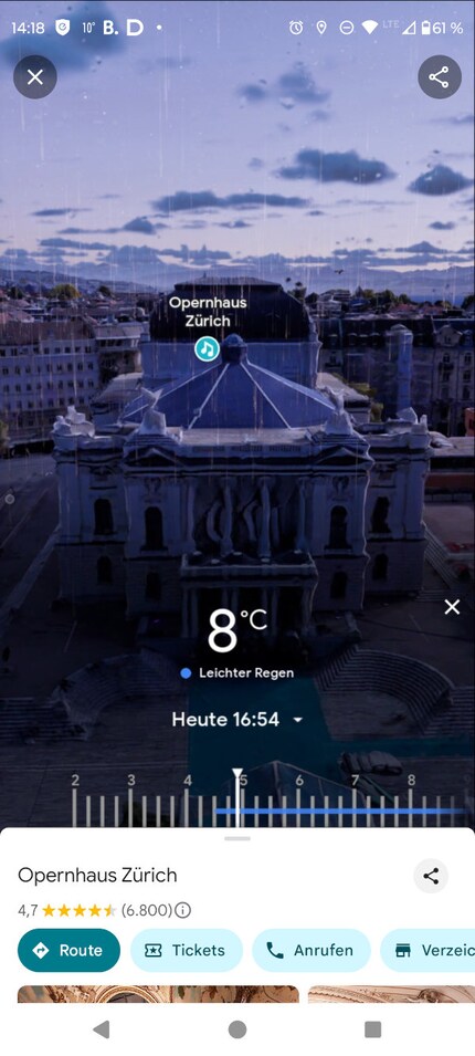 Wettervorhersage und Tageslichtanzeige am Zürcher Opernhaus in der «immersive View».