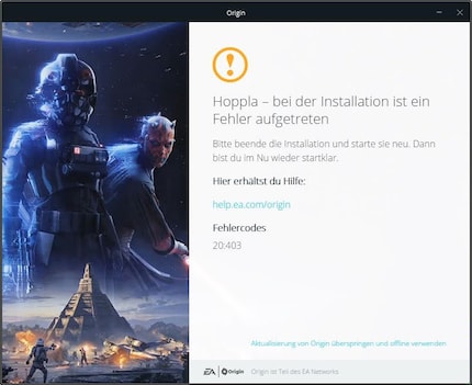 Wenig hilfreiche Meldung: Ein Fehler ist aufgetreten. Bitte beende die Installation und starte sie neu.