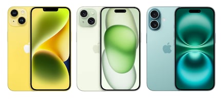 It’s mostly the colours that are different: iPhone 14, 15 and 16 (from left).