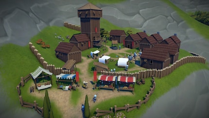 Aus dem Early Access: In meiner frei gebauten Palisadenfestung ist einiges los. Den Markt am Eingang habe ich aus optischen Gründen gebaut.