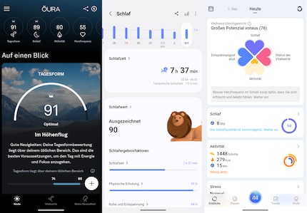 Die App von Oura (links) im Vergleich mit den Apps von Samsung (Mitte) und RingConn (rechts).