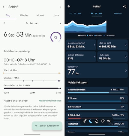 Das Schlaftracking von Google (links) und Oura (rechts).