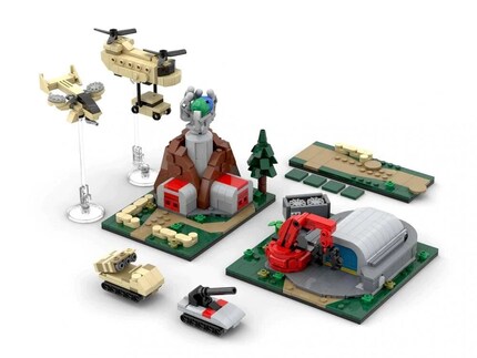 Das Set Bauhof + Kaserne umfasst zwei Gebäude, zwei militärische Landfahrzeuge, zwei Hubschrauber und eine Straße.