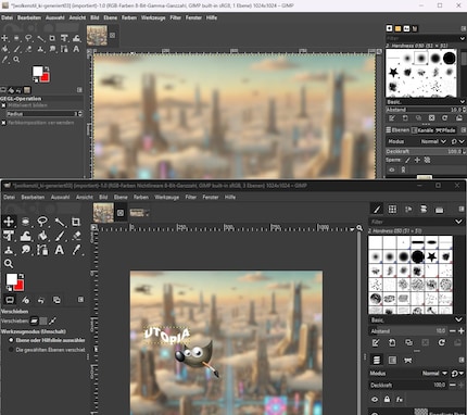Gimp 2.10 (upper half of the image) compared to Gimp 3.0 (lower half).