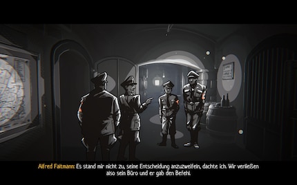 Die Farben innerhalb der Zeitzeugenberichte sind noch etwas dunkler gehalten. Schwarz und Grau überwiegen hier.