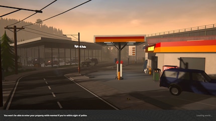 Car dealer and petrol station at dusk. Careful: there’s a police car headed your way.