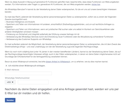 Bei WhatsApp bezieht sich der Widerspruch nicht auf die generative KI.