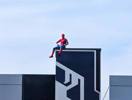 A Disney member of staff in a Spider-Man costume says hi from the roof.