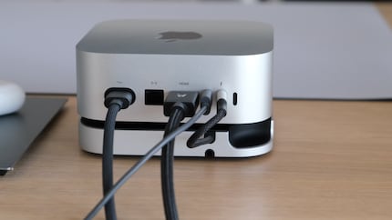 The Satechi Hub’s connection occupies one of the Thunderbolt ports on the back of the Mac Mini M4.