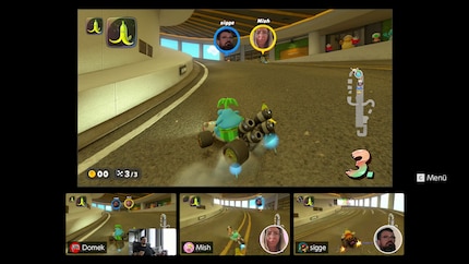 Michelles und Simons Gesicht wird über ihren Fahrern eingeblendet. Unten siehst du das Gamechat-Interface – Nintendos neue Chat-App auf der Switch 2.