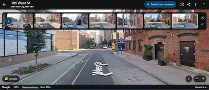 Die neue Zeitstrahl-Funktion in Google Earth zeigt am Beispiel der West Street in New York die Entwicklung der Straßenszene zwischen 2018 und 2024.