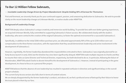 The screenshot shows the statement if you can't see it yourself. It only appears as a pop-up on the linked Krafton homepage.