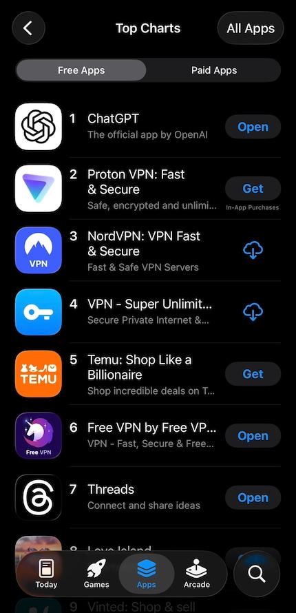 VPN Apps führen die Charts in UK an.