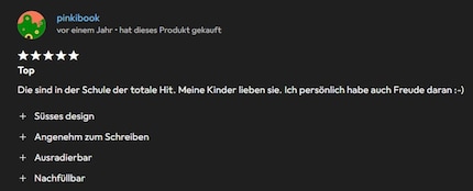 Eine positive Rezension im Shop fasst die Vorzüge von Legami-Stiften schön zusammen.
